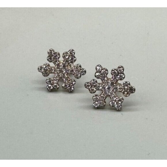 Sterling Silver Snowflake Earrings Crystal Studs Winter Holiday Pierced 0.50" - Picture 2 of 10